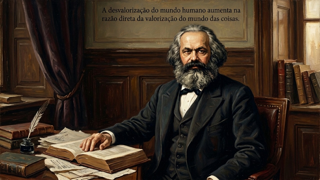 Karl Marx, o crítico contundente das relações de trabalho: “A desvalorização do mundo humano aumenta em proporção direta com a valorização do mundo das coisas” A busca incessante por objetos materiais distancia o indivíduo de conexões humanas genuínas e significativas.