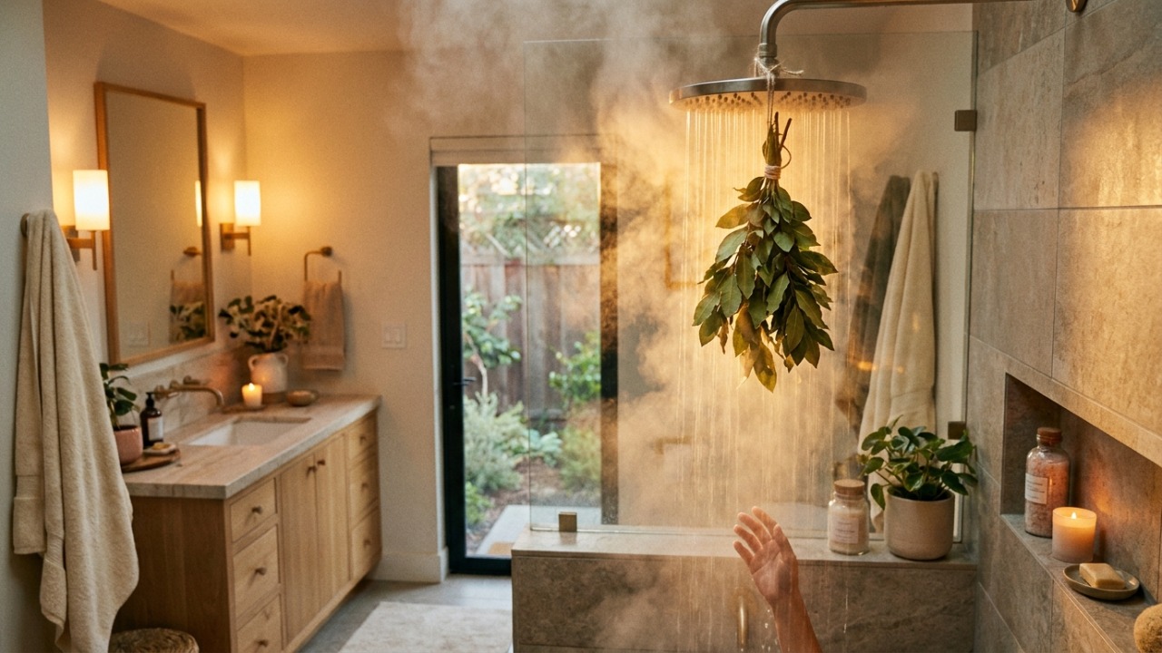 Pendurar folhas de louro no chuveiro antes do banho quente: entenda o motivo por trás dessa nova mania nas casas O vapor do banho quente potencializa as propriedades relaxantes das folhas de louro no ambiente.