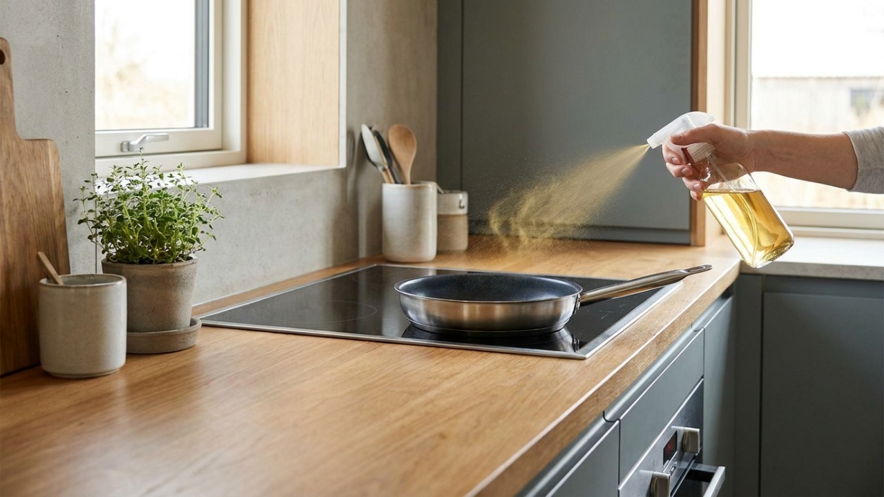Por que no Japão eles sempre borrifam óleo ou azeite na frigideira em vez de apenas despejar O uso do borrifador distribui o líquido de forma uniforme e ajuda a economizar insumos na cozinha compacta.