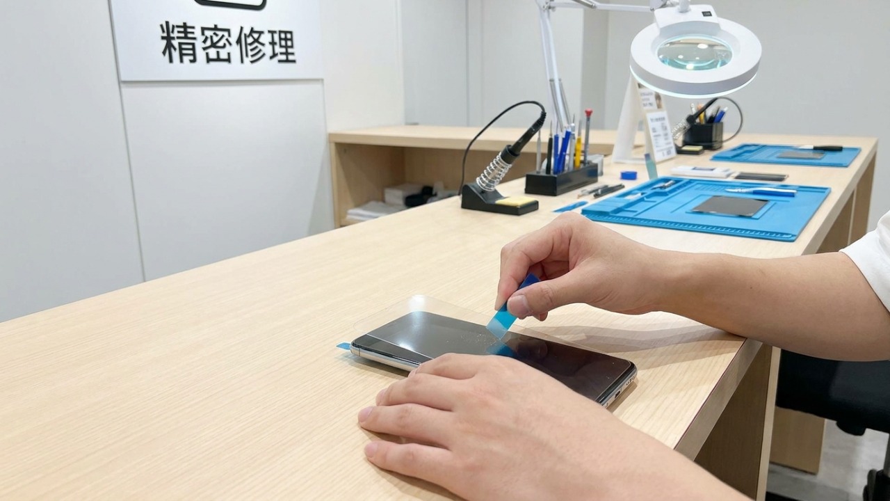 Técnicos utilizam fitas de baixa transferência para limpar resíduos microscópicos da tela do celular.