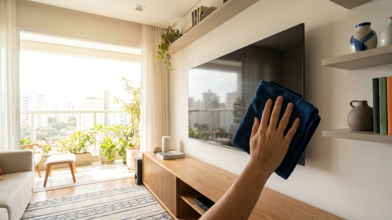 Por que no Japão eles sempre limpam a tela da televisão com pano de microfibra úmido antes de ligar o aparelho O uso de pano de microfibra macio elimina resíduos sem riscar o visor da televisão.