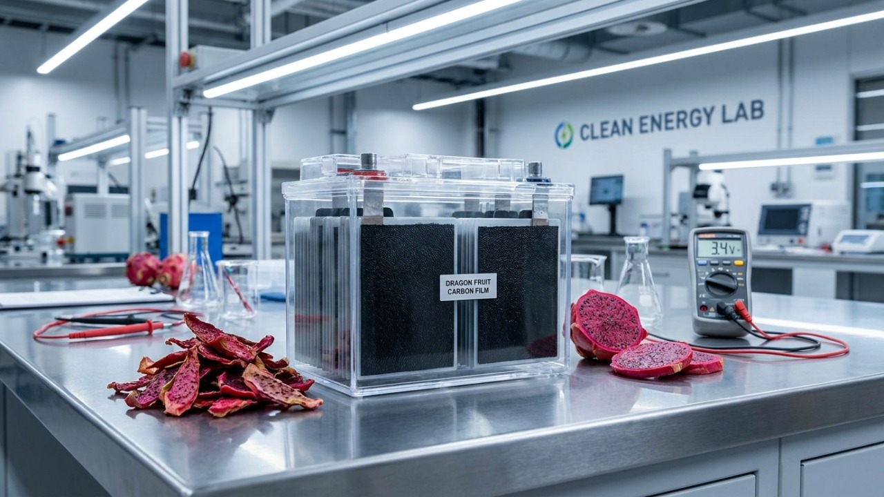Cientistas transformam cascas de pitaya em película de carbono para otimizar baterias de lítio e enxofre.