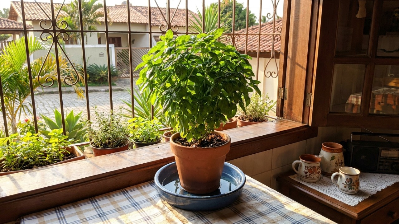 Demorei muito para entender por que na Itália o vaso de manjericão não deve ser regado por cima A técnica de rega por imersão garante a hidratação ideal sem danificar a estrutura das plantas.