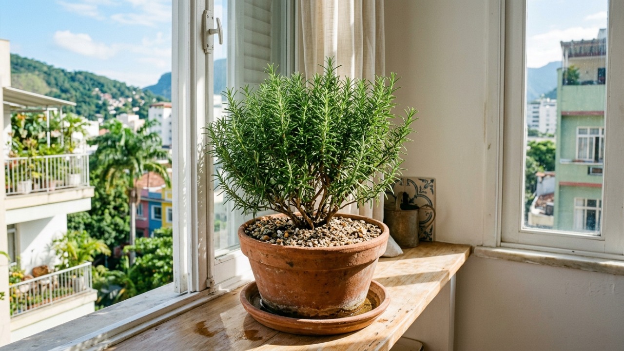 O cultivo do alecrim em casa exige sol pleno e solo bem drenado para se desenvolver com vigor.