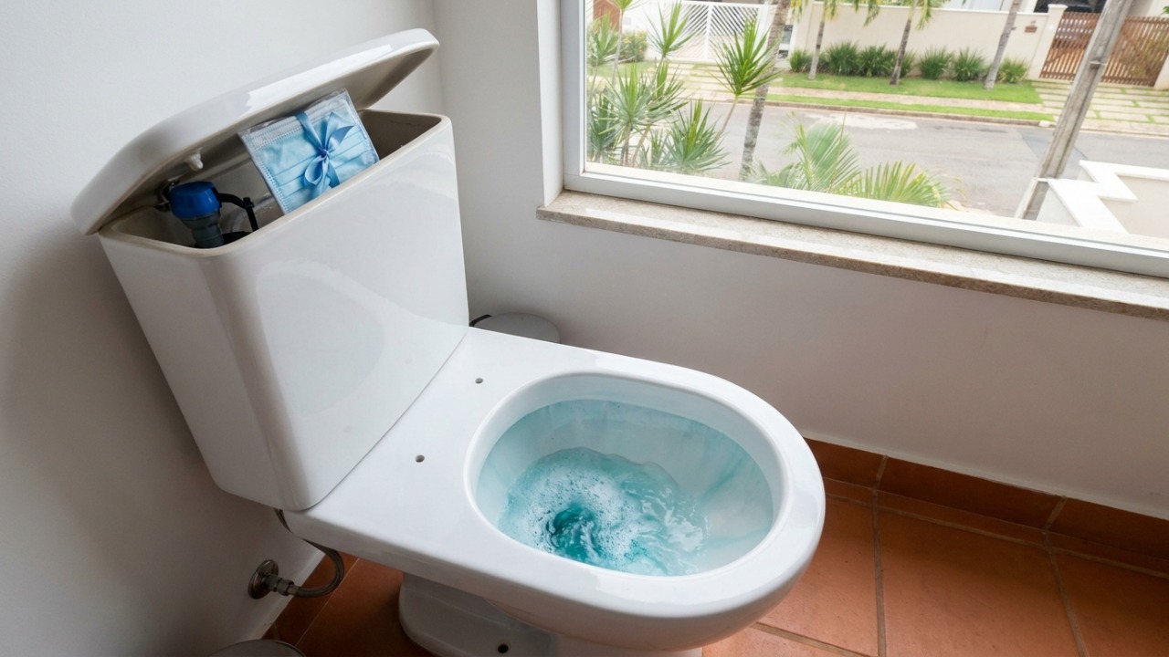 Coloquei uma máscara descartável no vaso sanitário e minha família toda está elogiando faz uma semana A máscara descartável transformada em sachê limpa o vaso sanitário automaticamente a cada descarga.