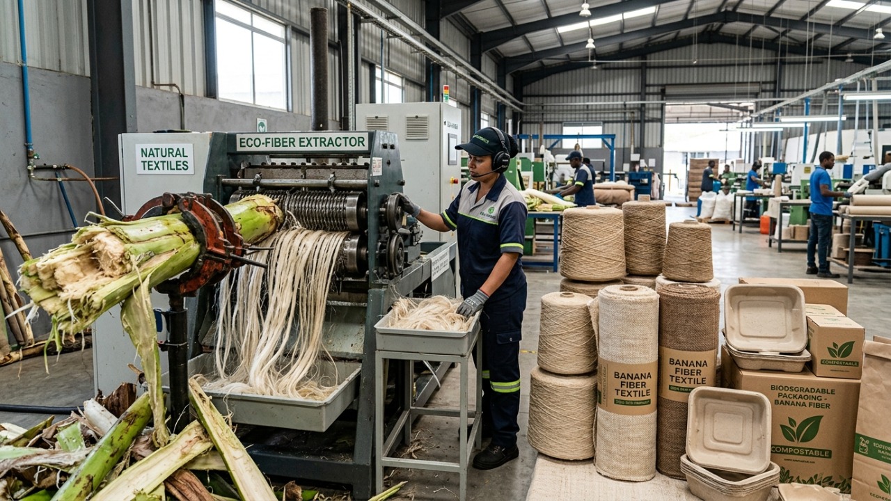 Tecnologias de processamento de biomassa permitem converter caules de bananeira em matéria-prima resistente e biodegradável.