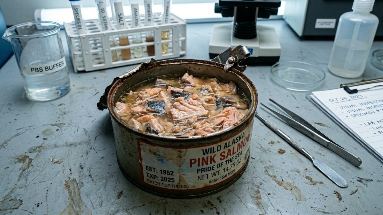Pesquisadores abriram latas de salmão do Alasca guardadas há décadas e descobriram um registro oceânico oculto dentro delas, vermes parasitas mortos que permitiram rastrear mudanças na cadeia alimentar durante 42 anos, com a quantidade desses parasitas subindo nos salmões chum e rosa, mas ficando estável nos tipos coho e sockeye Cientistas utilizam latas de salmão antigas para analisar a saúde dos oceanos ao longo das últimas décadas.