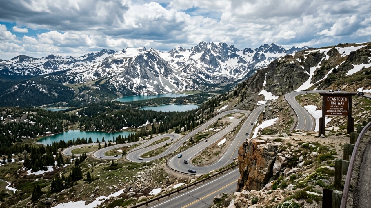 A Rodovia Beartooth conecta Montana ao Wyoming perto de Yellowstone, sendo que o seu trecho em altitude elevada transforma um passeio comum em uma das estradas mais impressionantes dos Estados Unidos A Beartooth Highway oferece uma rota cênica deslumbrante como acesso ao Parque Nacional de Yellowstone.