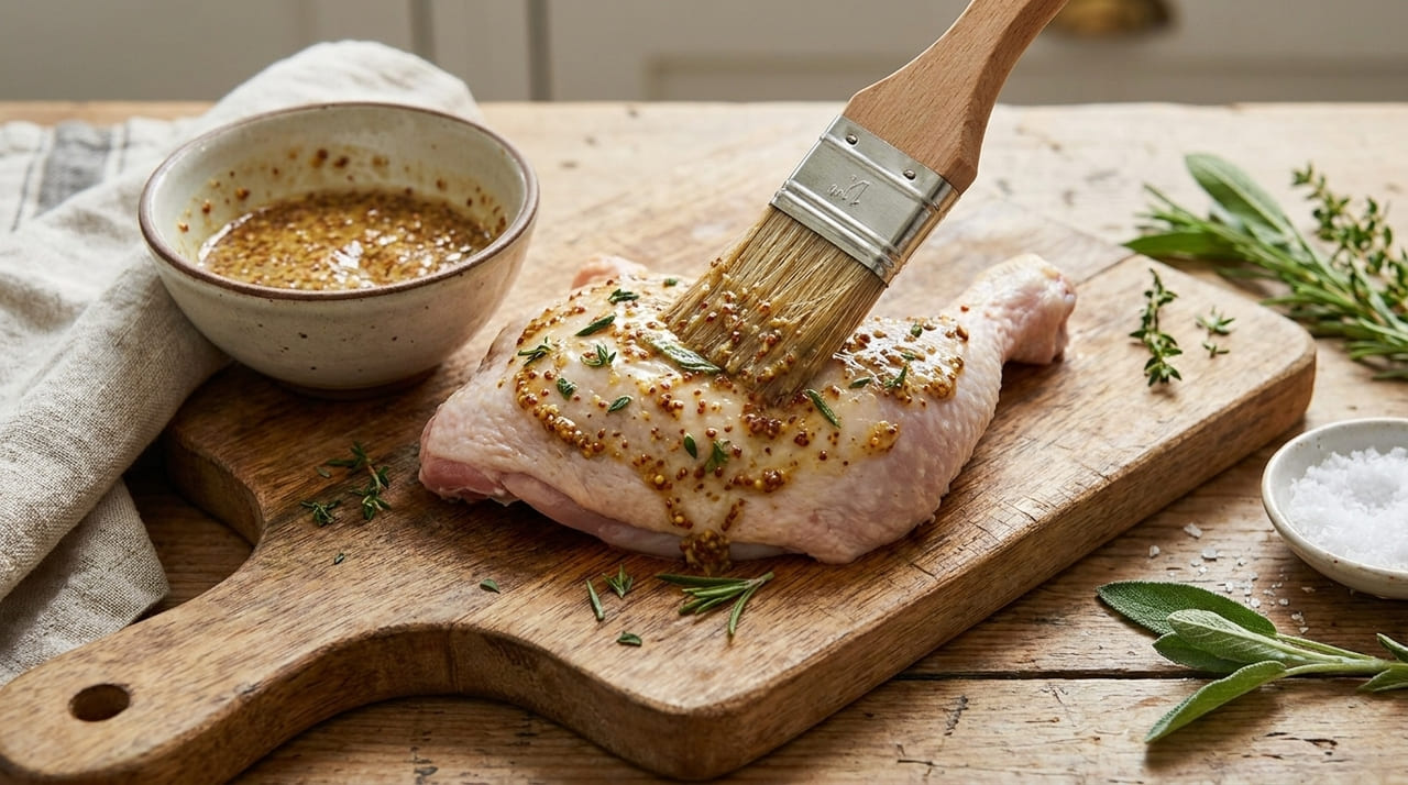 Os franceses concordam: “Para deixar o frango assado mais suculento e dourado, o segredo é adicionar uma colher de mostarda antiga durante a marinada” Além de proteger o alimento, as sementes inteiras presentes no condimento adicionam uma complexidade sensorial fantástica e única.
