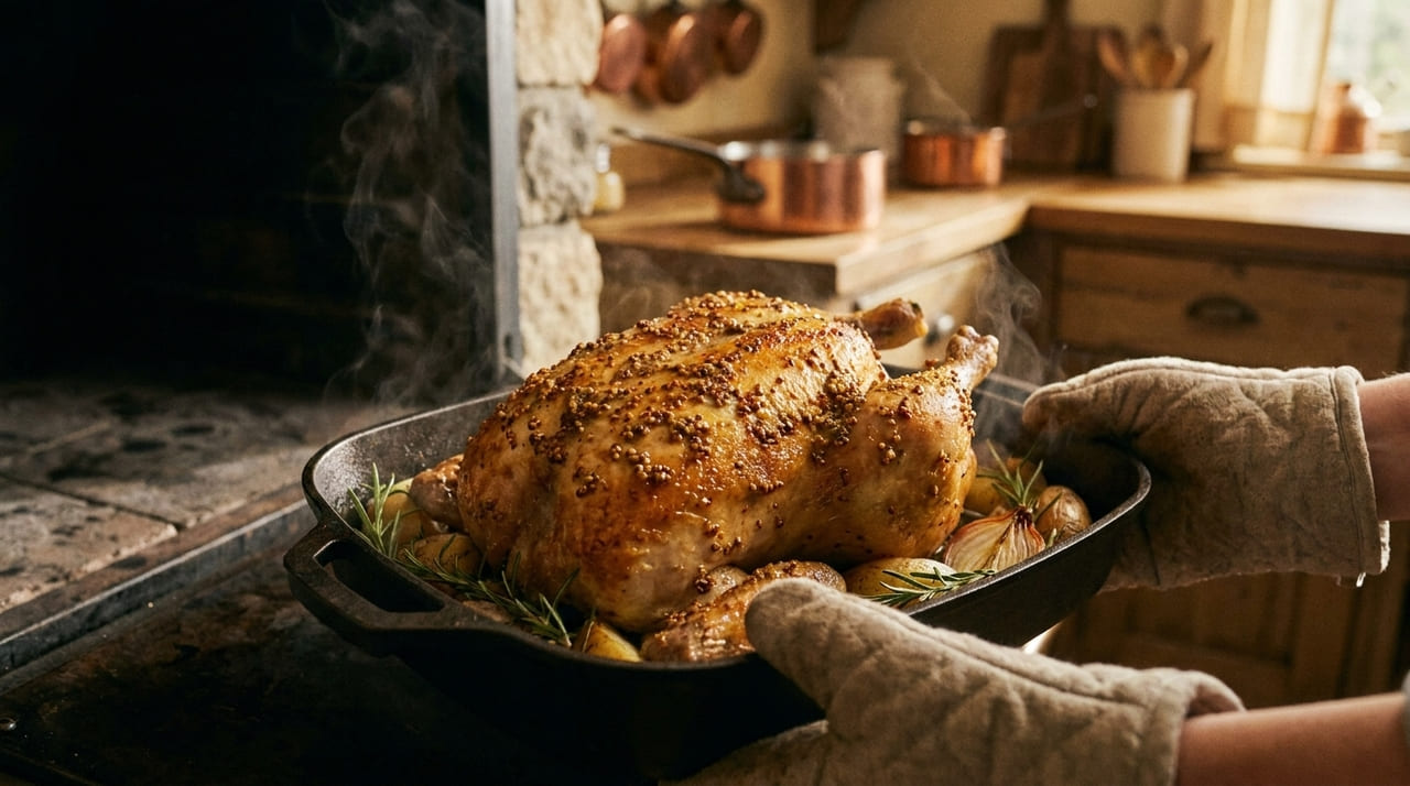 Os franceses concordam: “Para deixar o frango assado mais suculento e dourado, o segredo é adicionar uma colher de mostarda antiga durante a marinada” Além de proteger o alimento, as sementes inteiras presentes no condimento adicionam uma complexidade sensorial fantástica e única.