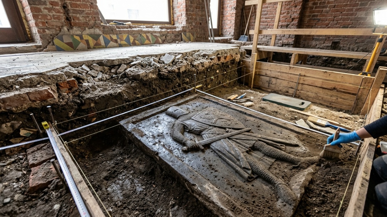 O que parecia ser uma sorveteria na cidade de Gdansk na Polônia escondia um cemitério medieval com quase trezentas sepulturas e essa descoberta surpreendente inclui um esqueleto completo embaixo de uma lápide de cavaleiro com mais de um metro esculpida entre os séculos treze e quatorze Lápide de calcário com a figura de um cavaleiro é descoberta em escavação de cemitério medieval em Gdańsk.