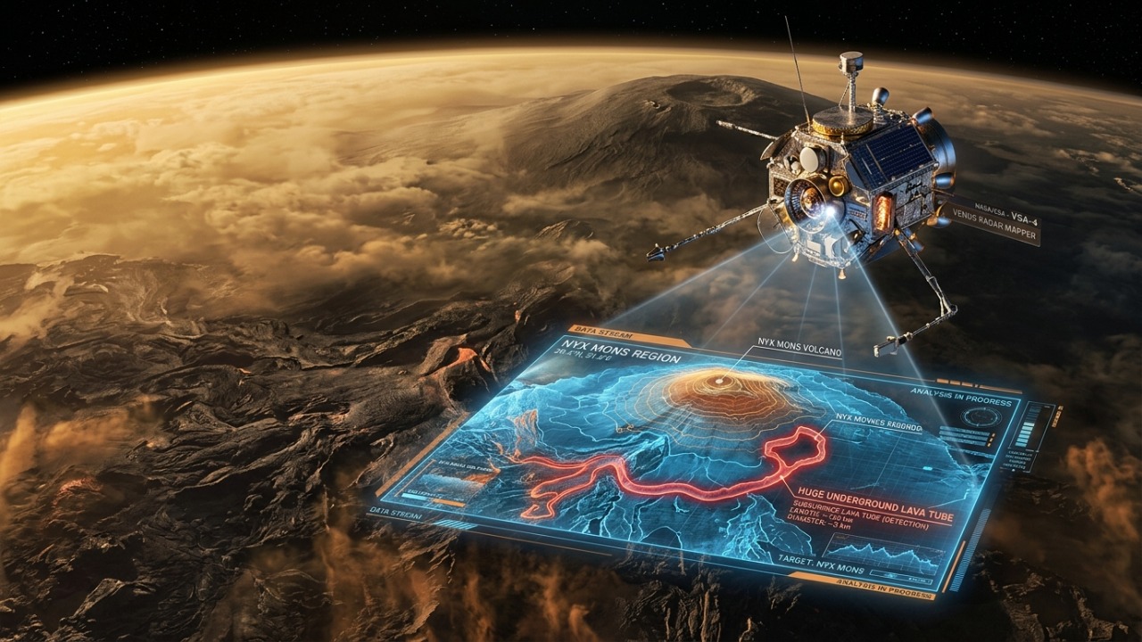Cientistas identificam a primeira caverna vulcânica em Vênus utilizando dados de radar da missão Magellan.