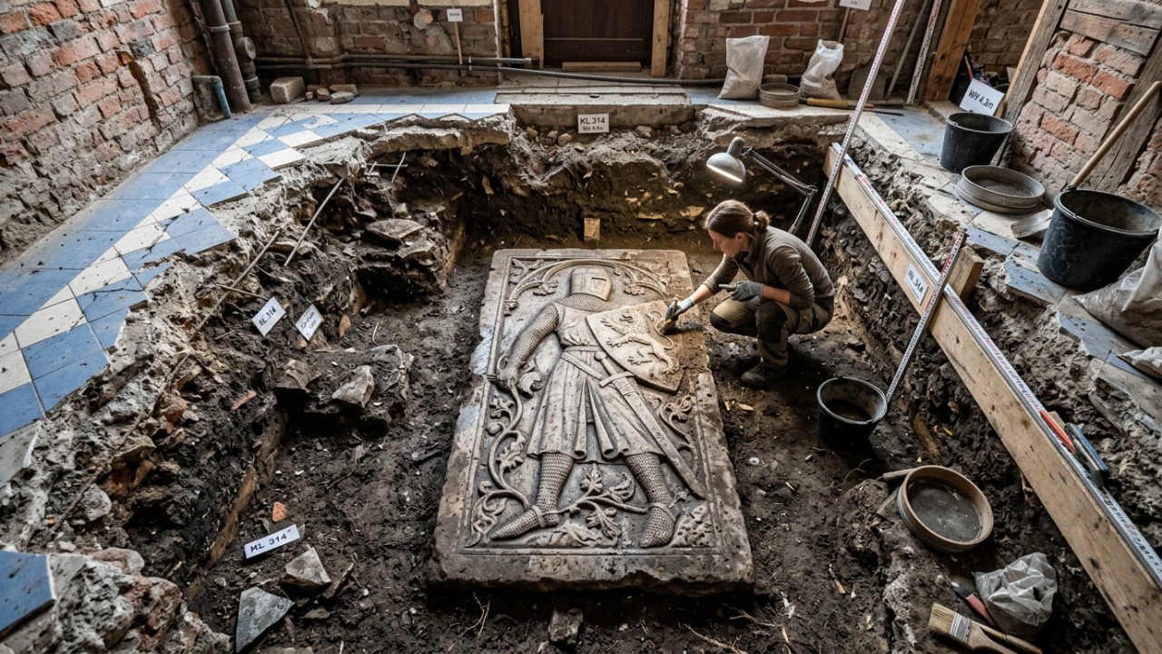 O que parecia ser uma sorveteria na cidade de Gdansk na Polônia escondia um cemitério medieval com quase trezentas sepulturas e essa descoberta surpreendente inclui um esqueleto completo embaixo de uma lápide de cavaleiro com mais de um metro esculpida entre os séculos treze e quatorze Arqueólogos encontram esqueleto de um cavaleiro medieval sob o terreno de uma antiga sorveteria na Polônia.