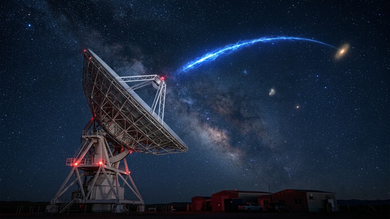 Uma rajada de rádio viajou 10 bilhões de anos antes de chegar à Terra, e a FRB recém-detectada funciona como uma cápsula do tempo do universo primitivo A parceria entre os telescópios MeerKAT e James Webb permitiu identificar a origem remota de um sinal de rádio ultrarrápido.