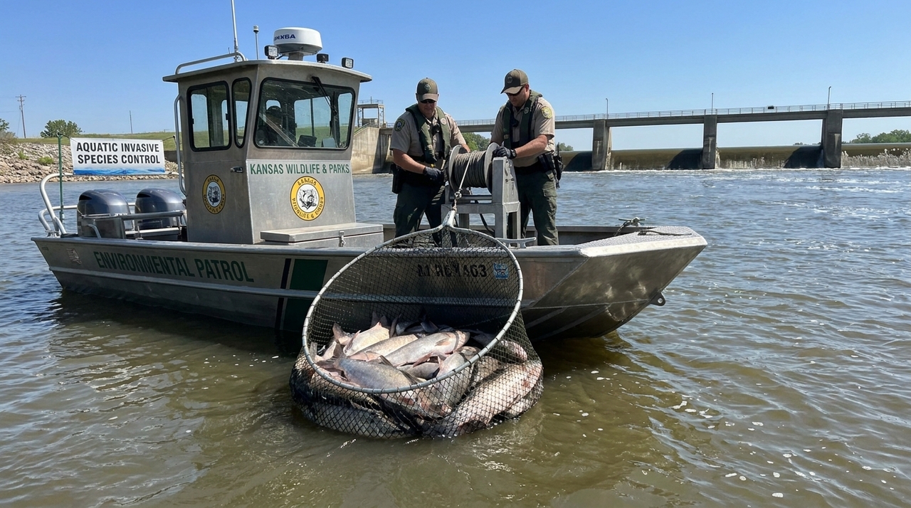 Mais de quarenta e cinco toneladas de carpas invasoras foram retiradas do rio Kansas, e o tamanho da captura mostra como um rio pode ser dominado rápido Os biólogos locais capturaram uma quantidade impressionante de peixes exóticos desde o início dos trabalhos organizados há quatro anos.