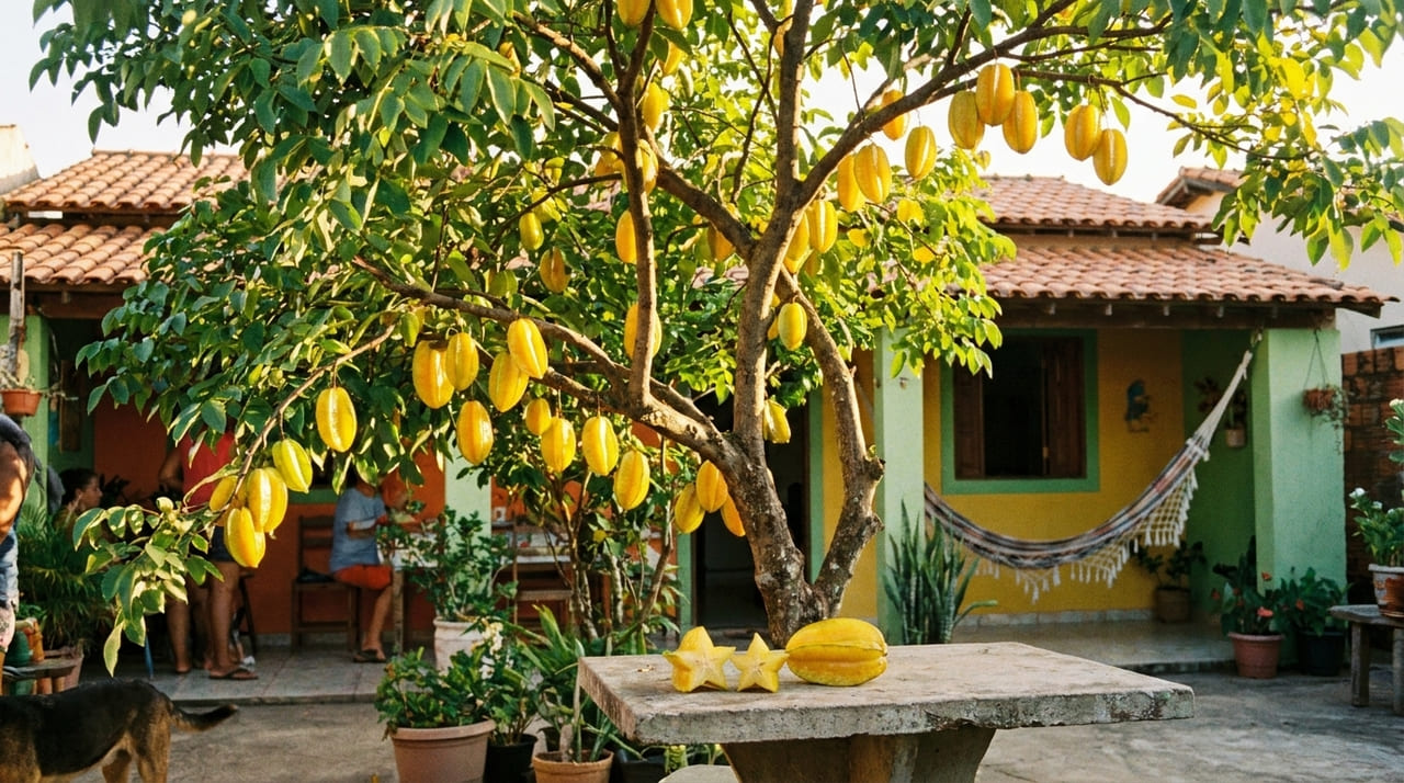 A fruta tropical que tem cor de pôr do sol e sabor de sobremesa e que cresce nos quintais brasileiros com baixa manutenção O corte transversal da carambola revela uma perfeita estrela natural com um sabor adocicado que agrada quem experimenta a fruta pela primeira vez.