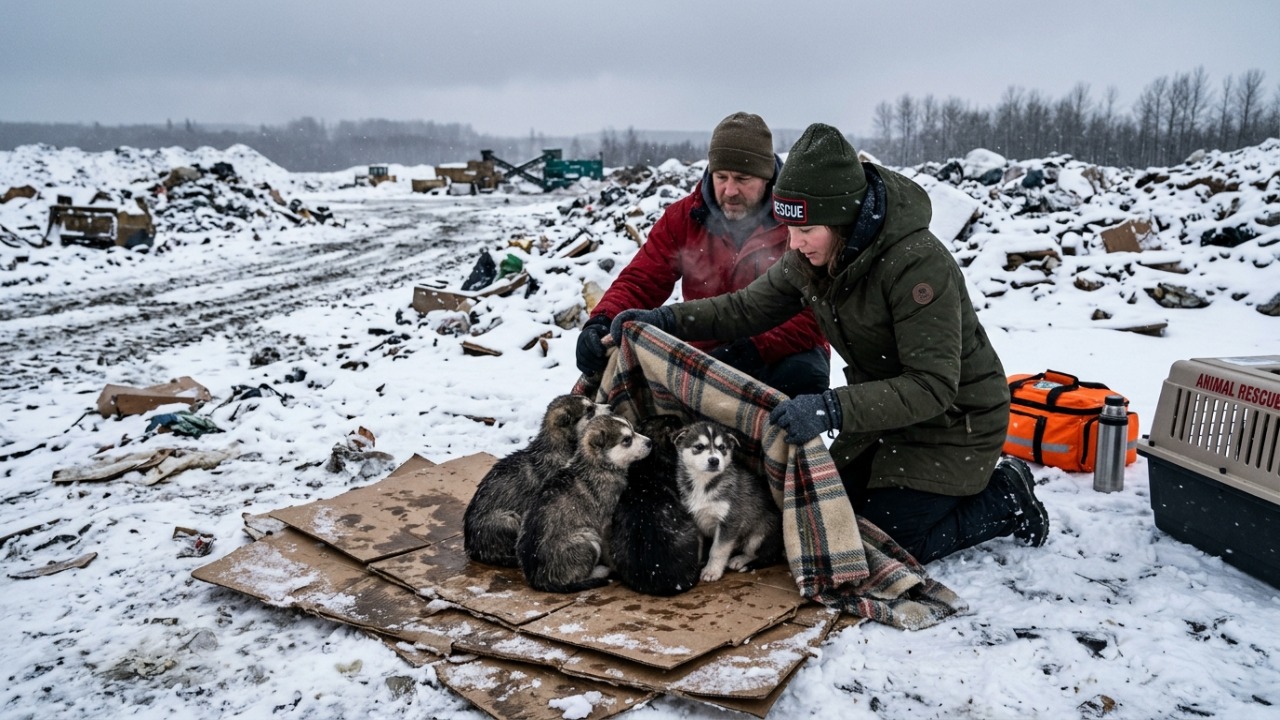 Quatro filhotes de cachorro foram achados juntinhos em um lixão coberto de neve em La Loche, Saskatchewan, usando pedaços de papelão para se aquecer, e o resgate aconteceu quando um bom samaritano finalmente viu os bichinhos e ligou para a protetora de animais local Quatro filhotes de husky resgatados de um lixão congelante no Canadá recebem cuidados essenciais para sobreviver.