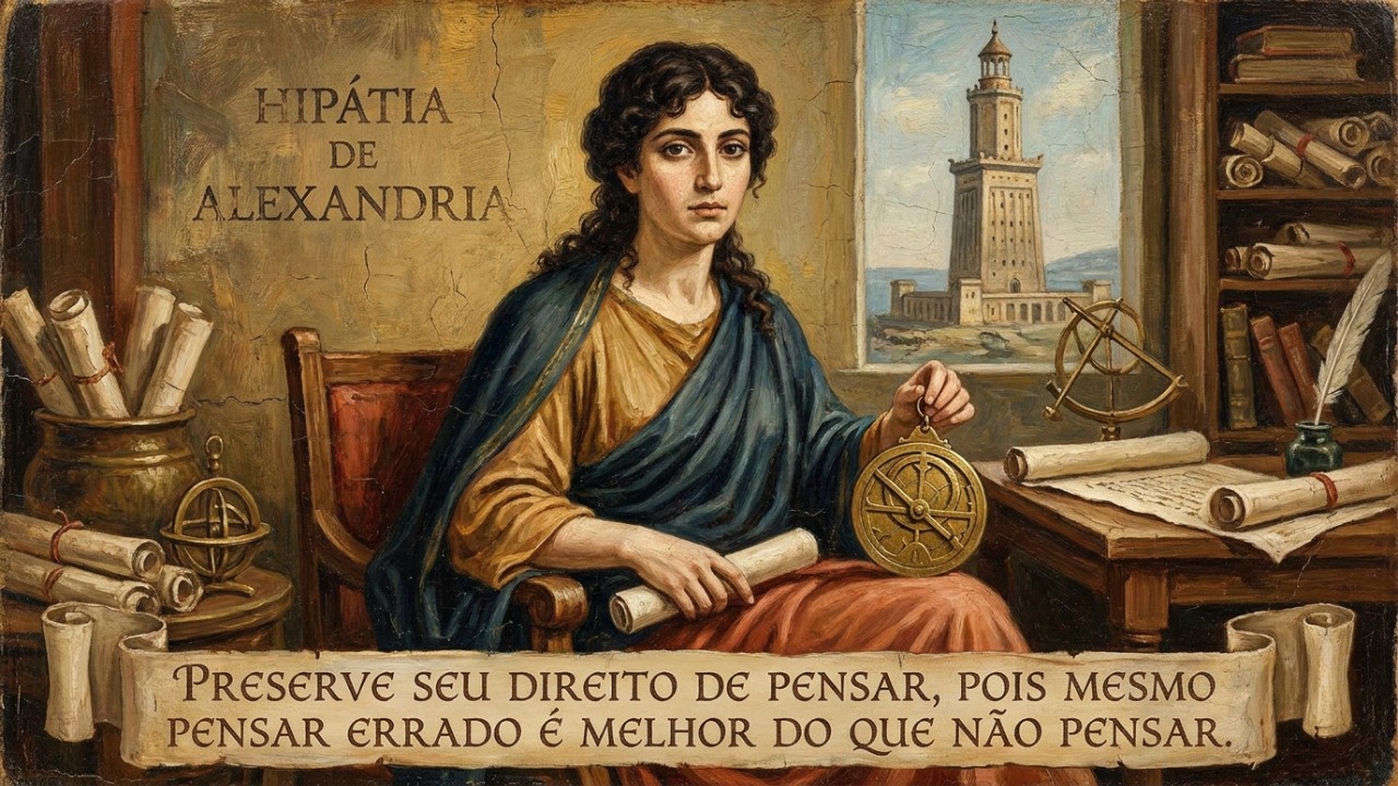 Hipátia de Alexandria, a maior matemática e astrônoma da antiguidade: “Conserve o seu direito de pensar, pois mesmo pensar errado é melhor do que não pensar” O livre pensamento é um direito fundamental que deve ser sempre preservado.