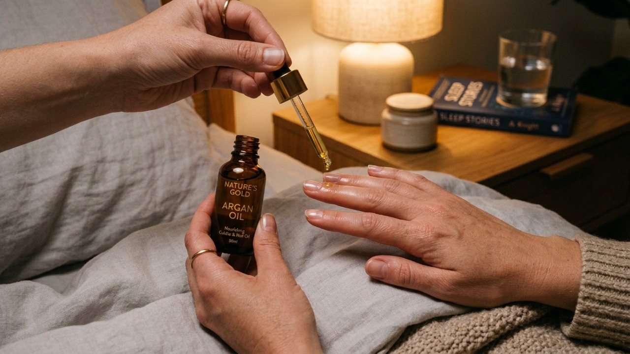 O óleo de argan atua como uma película protetora noturna que hidrata as cutículas e fortalece a estrutura das unhas.