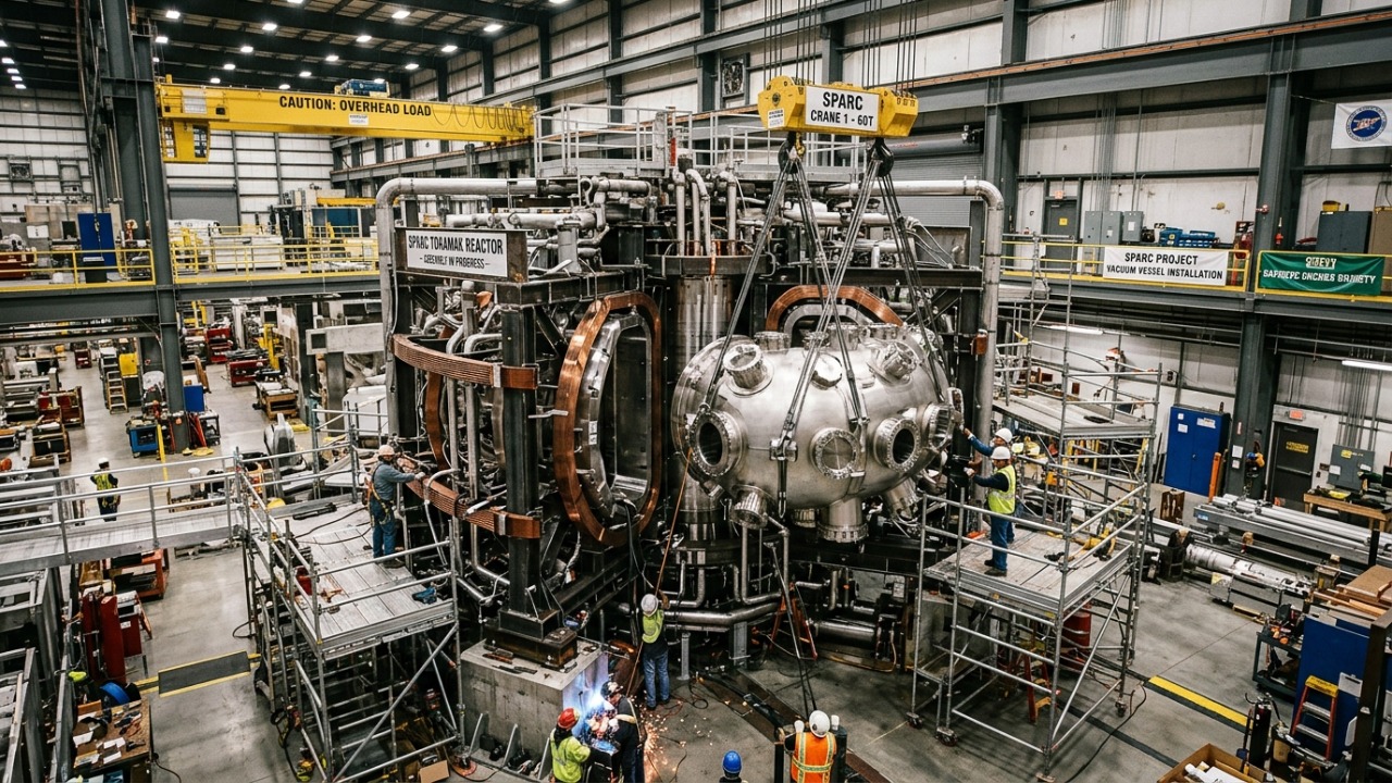 A instalação de componentes de aço reforça a transição da fusão nuclear para a fase de montagem pesada.