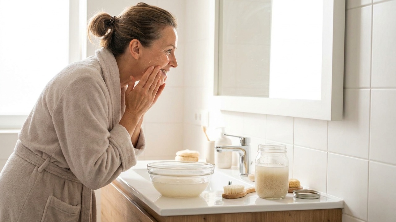 A água de arroz gelada é um segredo natural para revitalizar a firmeza facial pela manhã.
