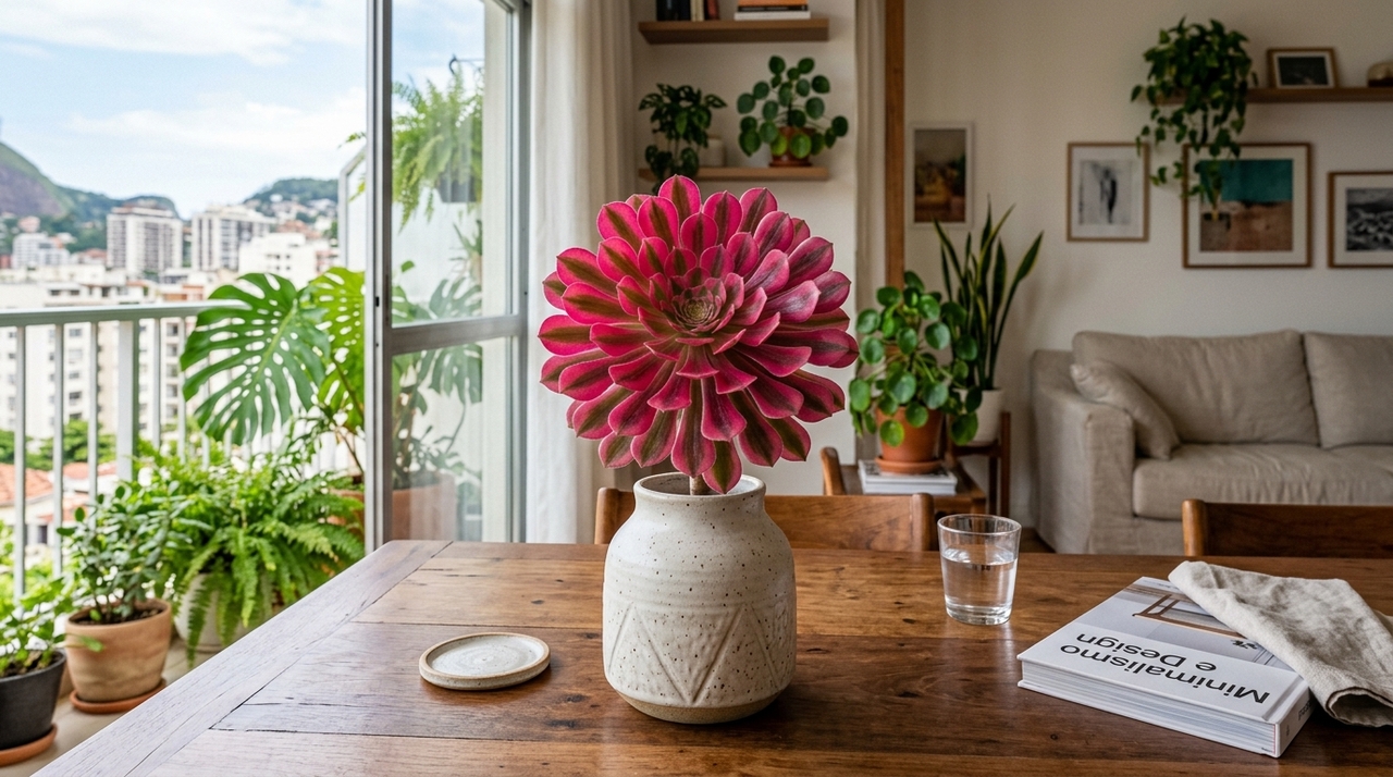 Nesse cenário de novidades para interiores, a aeonium pink witch surge como o grande destaque visual dos projetos modernos