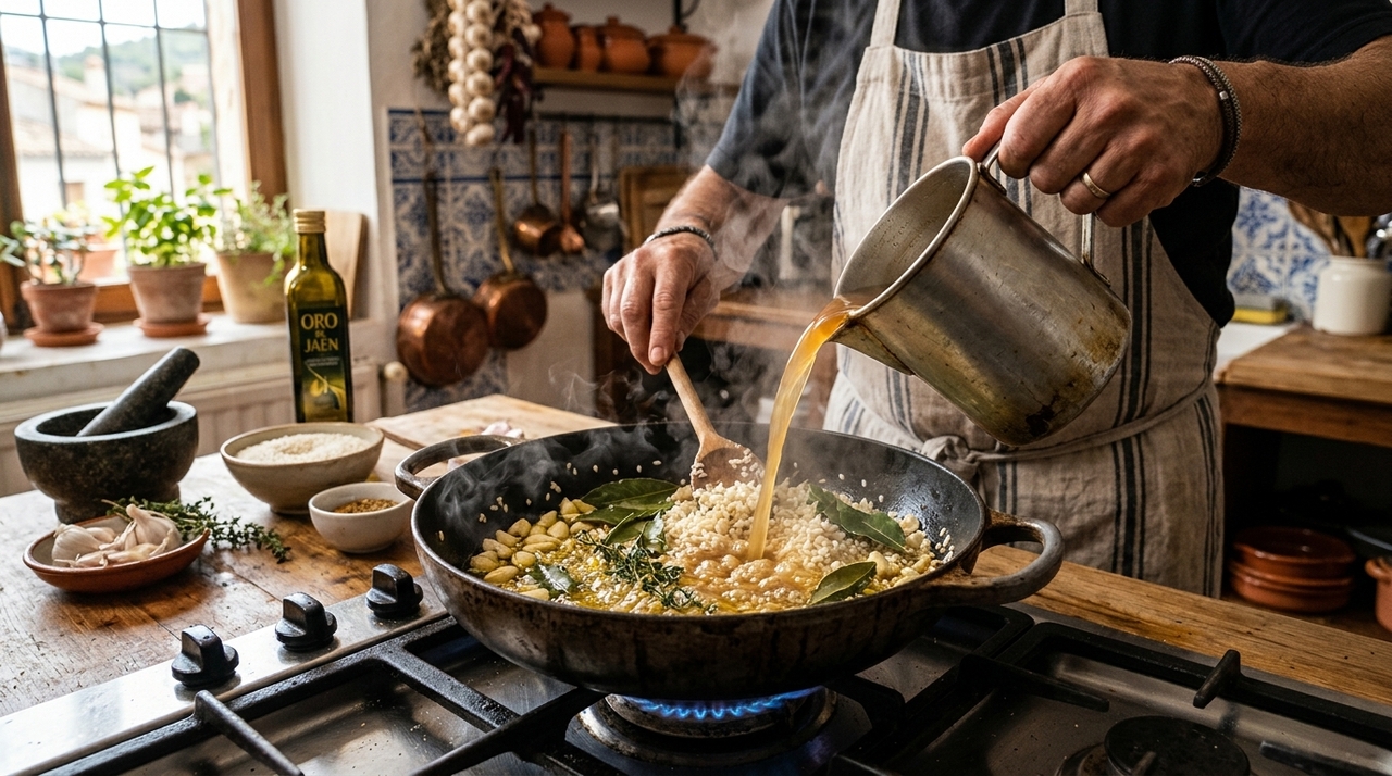 Juanjo López, um renomado chef espanhol: “O arroz branco não é feito com água, mas com 3 dentes de alho, 2 folhas de louro e caldo” Comece aquecendo azeite ou óleo em uma panela. Junte 3 dentes de alho amassados ou levemente esmagados e 2 folhas de louro.