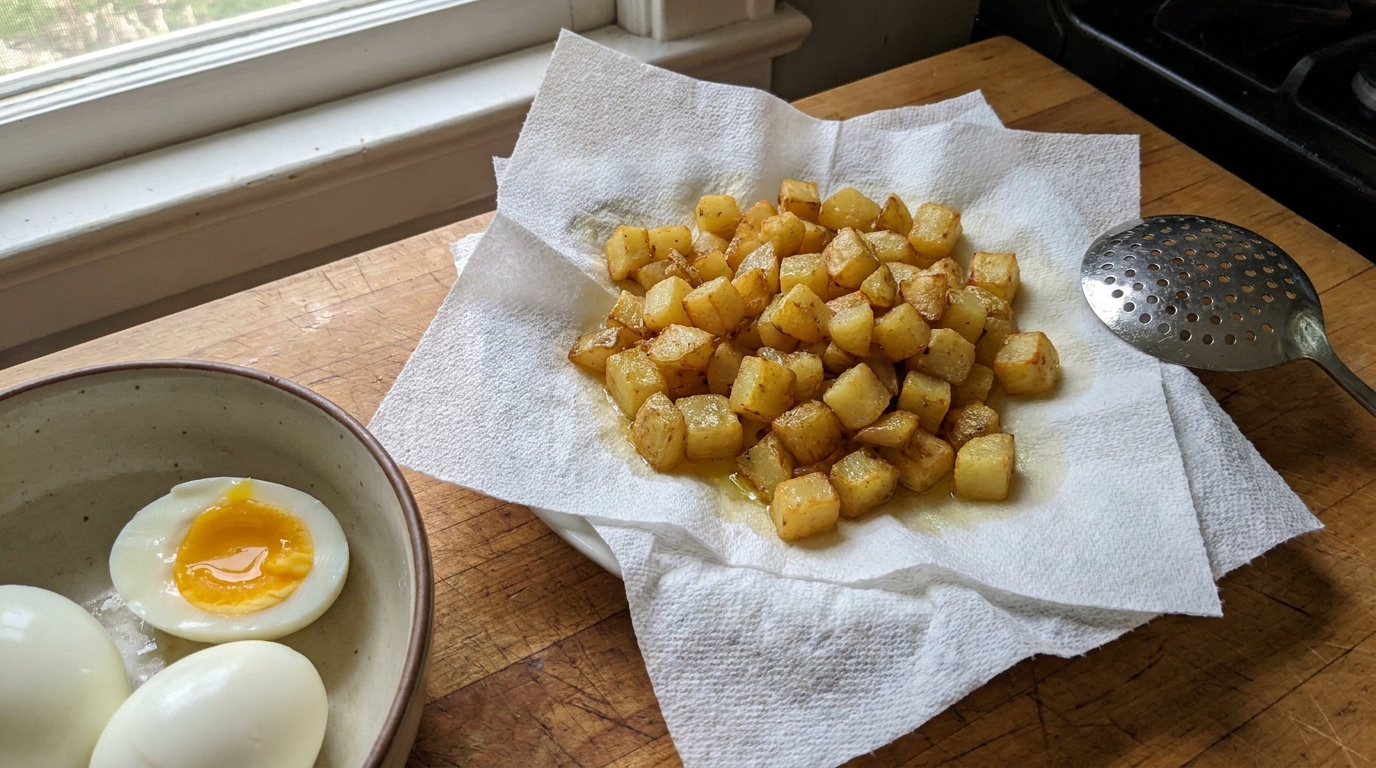 O segredo da receita está na combinação entre batata crocante e gema cremosa.