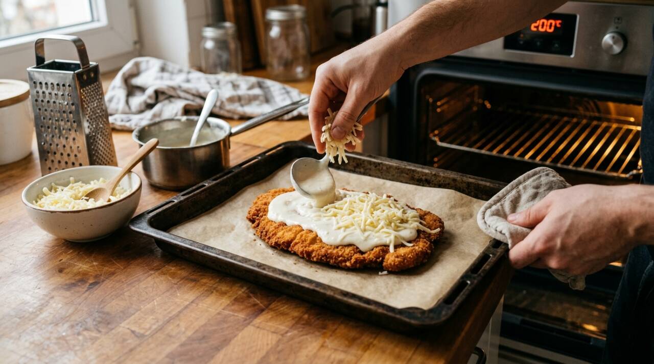 O preparo começa como uma milanesa comum: carne temperada, banho de ovo batido e camada de farinha de rosca.