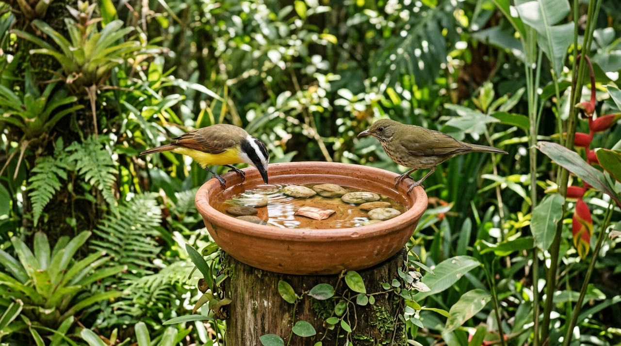 Aqueles que tiverem um bebedouro para pássaros são incentivados a adicionar um item natural a ele O ideal é usar uma peça pequena de cobre puro, como um pedaço de fio sem capa plástica ou uma plaquinha limpa.