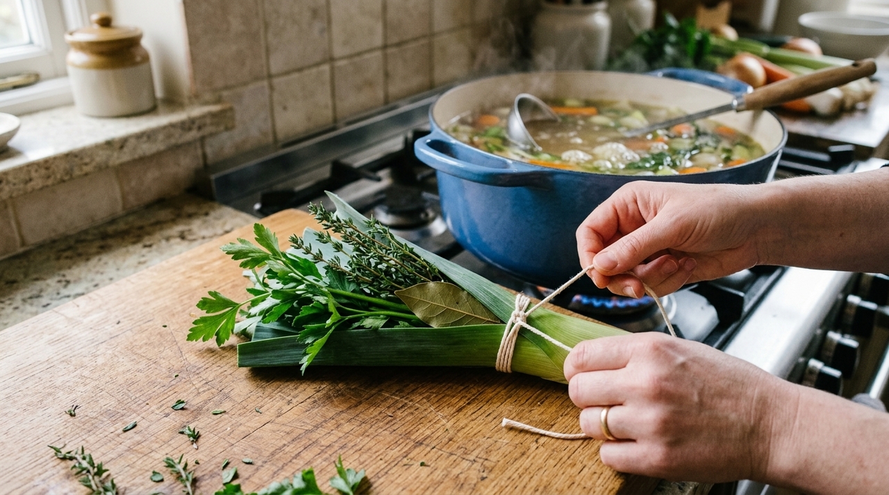 Os cozinheiros franceses concordam: “Para deixar o caldo de frango mais rico e aromático, o segredo é adicionar um buquê de ervas amarrado durante o cozimento” O jeito mais simples é juntar as ervas em um pequeno maço e amarrar com barbante culinário.