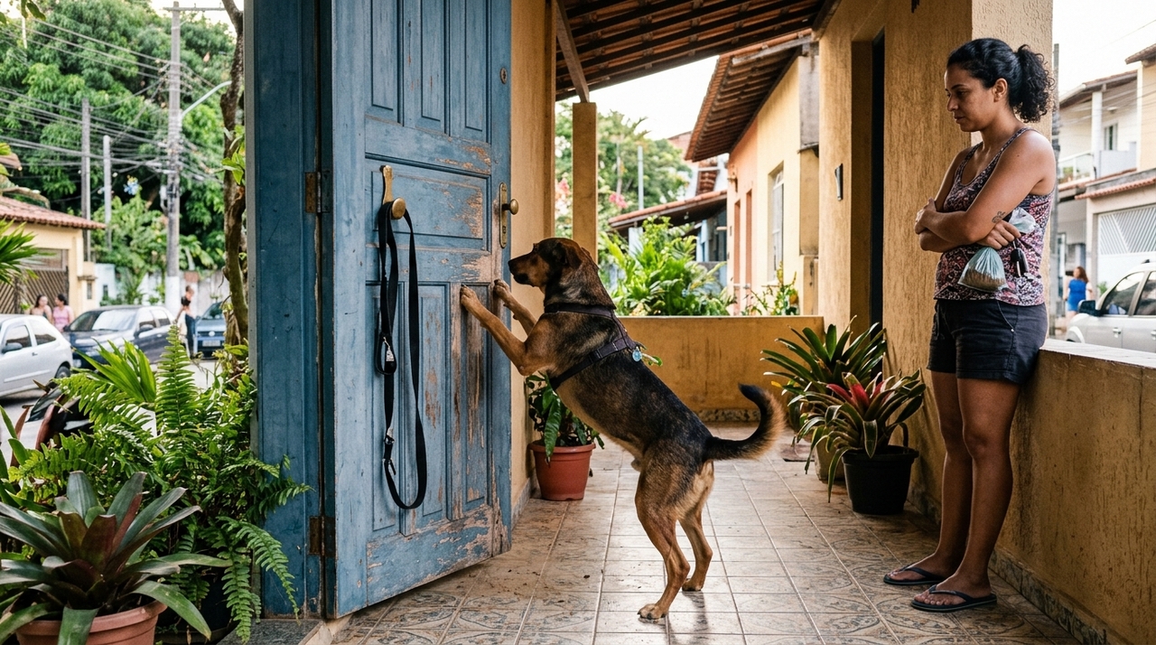 Quando o cão retorna da rua e permanece inquieto raspando o portal, isso indica frustração.
