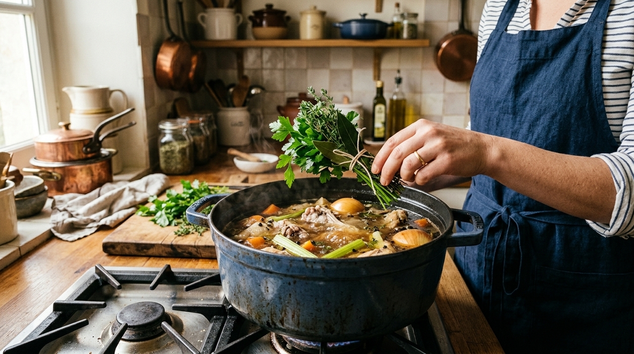 Os cozinheiros franceses concordam: “Para deixar o caldo de frango mais rico e aromático, o segredo é adicionar um buquê de ervas amarrado durante o cozimento” O jeito mais simples é juntar as ervas em um pequeno maço e amarrar com barbante culinário.