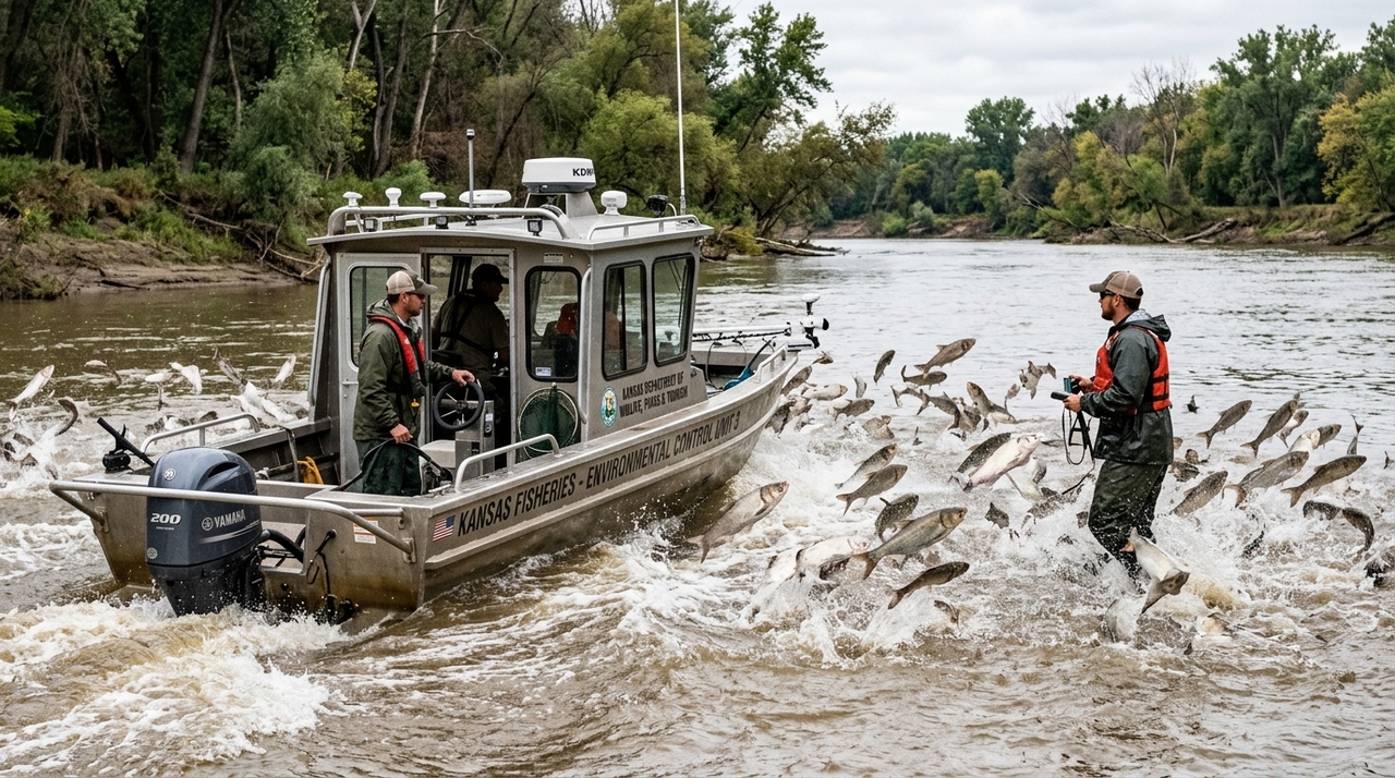 Mais de quarenta e cinco toneladas de carpas invasoras foram retiradas do rio Kansas, e o tamanho da captura mostra como um rio pode ser dominado rápido Os biólogos locais capturaram uma quantidade impressionante de peixes exóticos desde o início dos trabalhos organizados há quatro anos