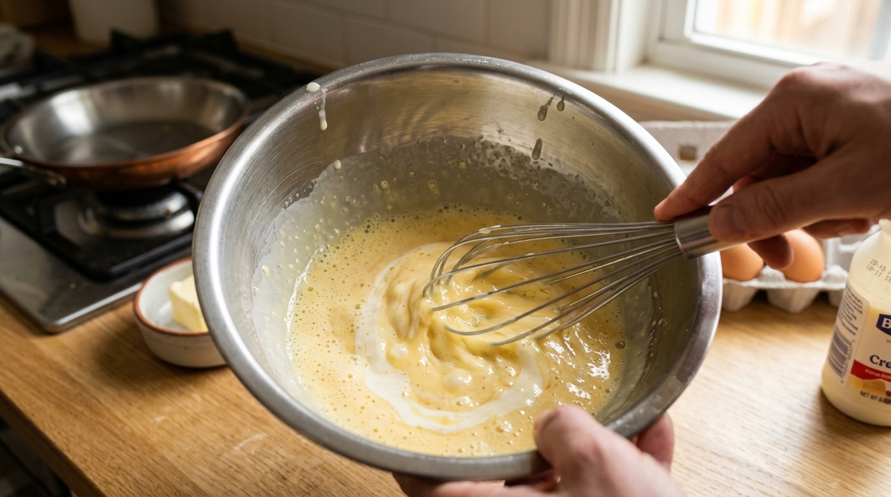 Os franceses concordam: “Para deixar o omelete mais macio e com sabor equilibrado, o segredo é adicionar uma colher de creme de leite antes de bater os ovos.” O equilíbrio é importante porque creme demais deixa o omelete pesado e dificulta a estrutura durante o cozimento