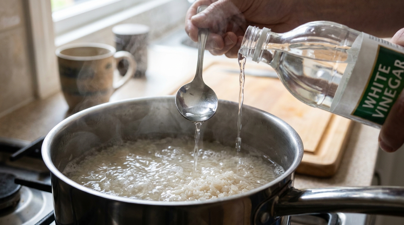 O vinagre age no amido dos grãos e ajuda a evitar que o arroz fique grudado.