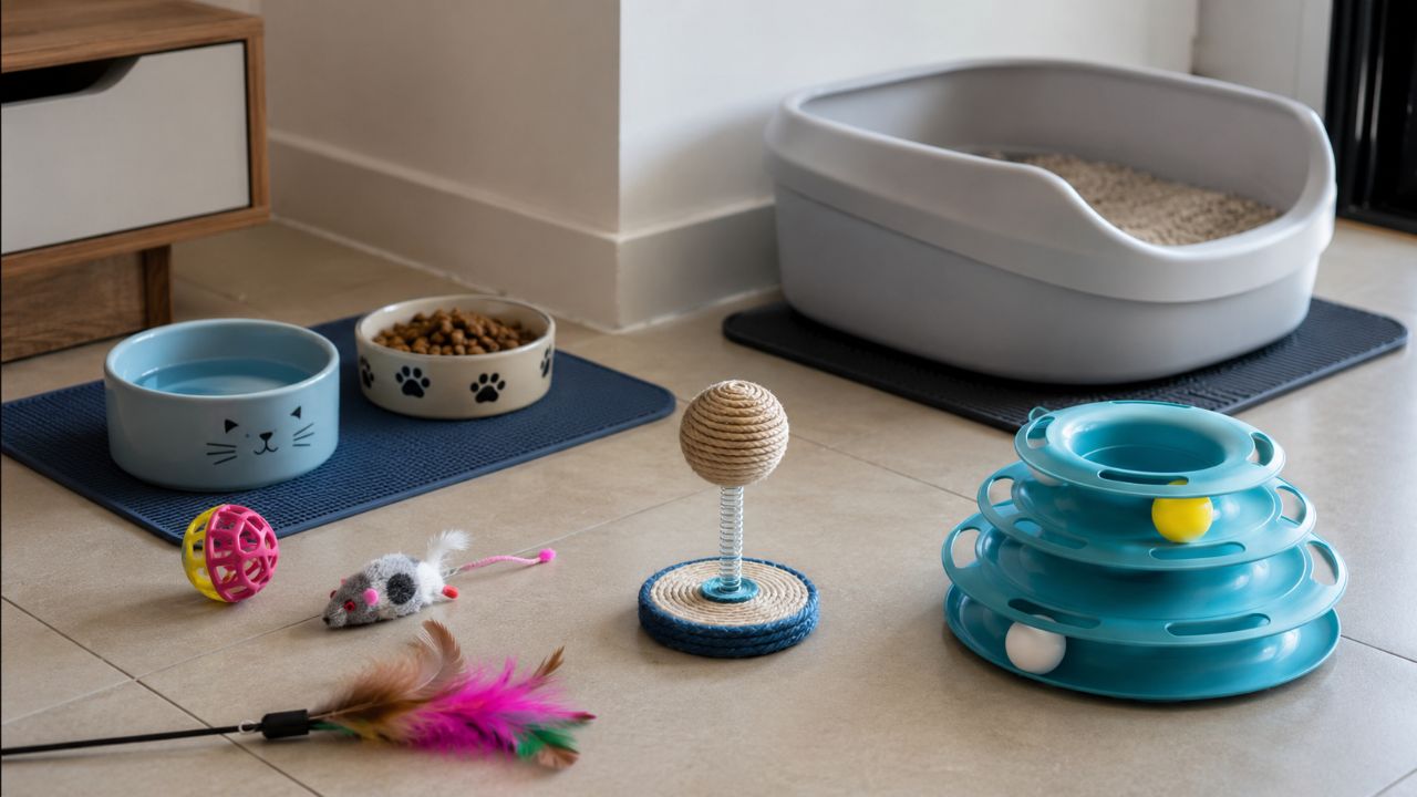 Enriquecimento ambiental com prateleiras, arranhadores e brinquedos mantém gatos ativos em apartamentos.