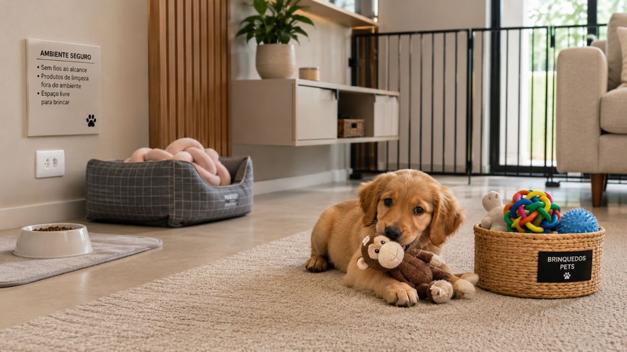 Crie um ambiente seguro para o pet usando tapetes antiderrapantes e afastando objetos perigosos.