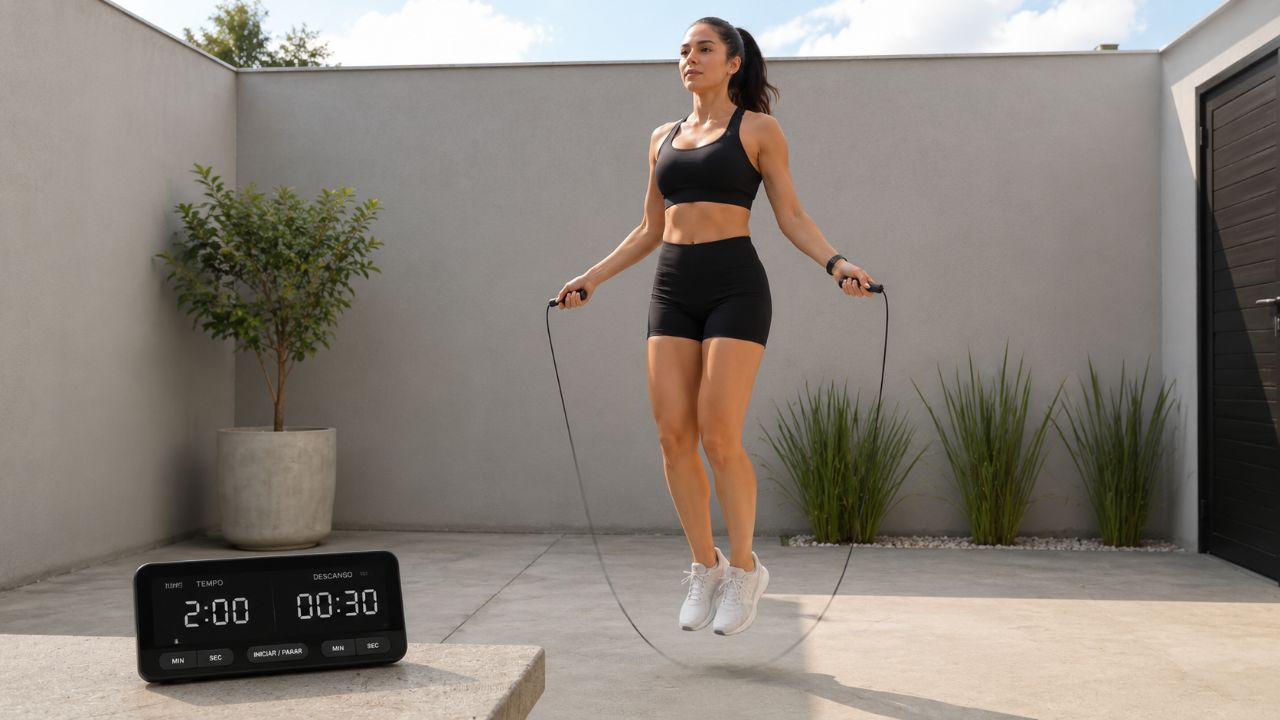 Melhore o fôlego com treinos de 15 a 30 min, saltando em séries de 2 min com pausas curtas.