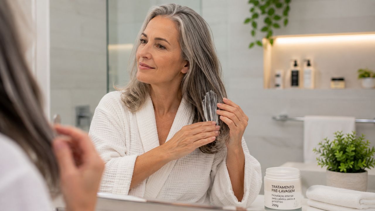 Aplicar pré-lavagem no cabelo seco protege os fios e evita a perda de hidratação no banho.