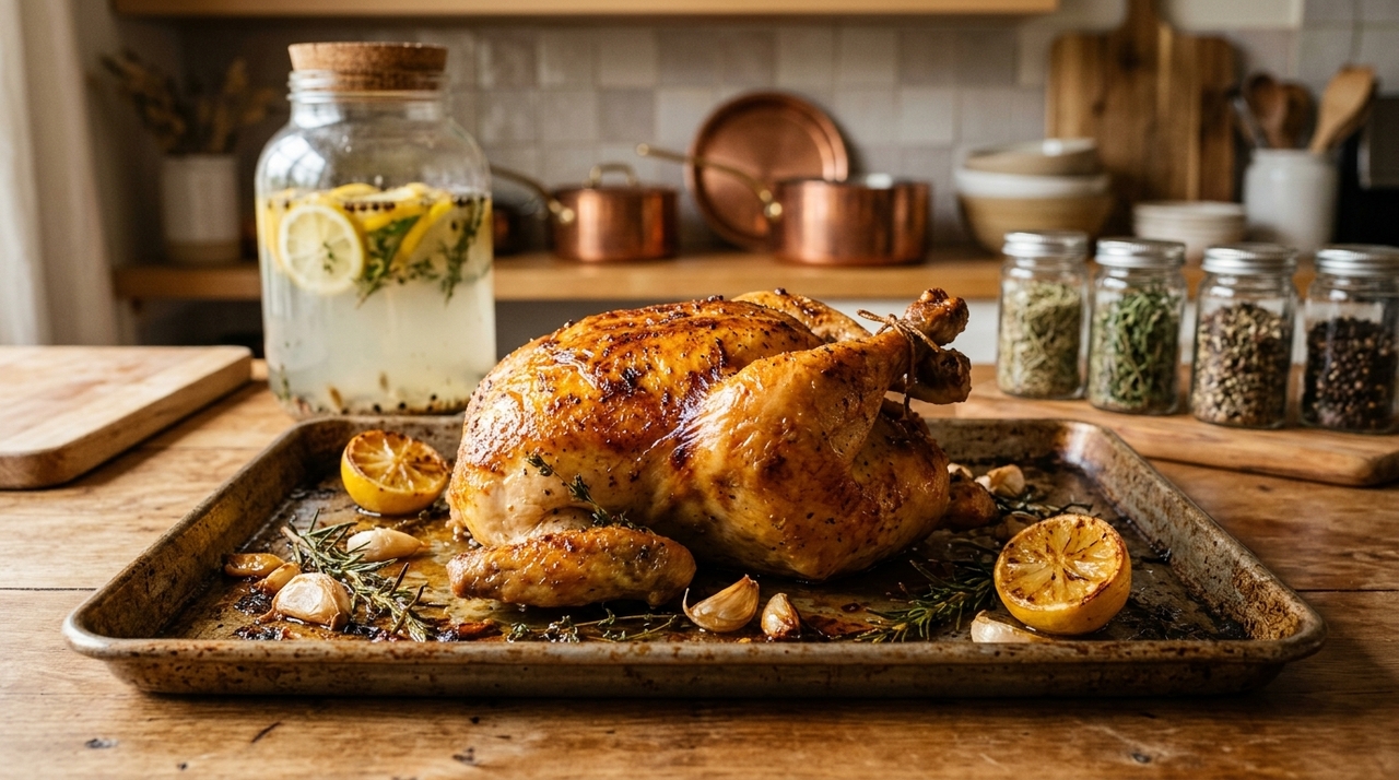 Os melhores chefs concordam: o melhor frango assado é obtido ao deixá-lo de molho em salmoura por várias horas Uma proporção prática usada por cozinheiros é salmoura a 5%, feita com 50 g de sal para cada litro de água.