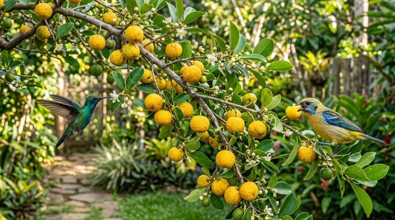 A fruta amarela que as avós plantavam no quintal para atrair beija-flores hoje em dia traz bacias de frutos nas casas Os beija-flores são atraídos principalmente por flores ricas em néctar, não pelos frutos em si.