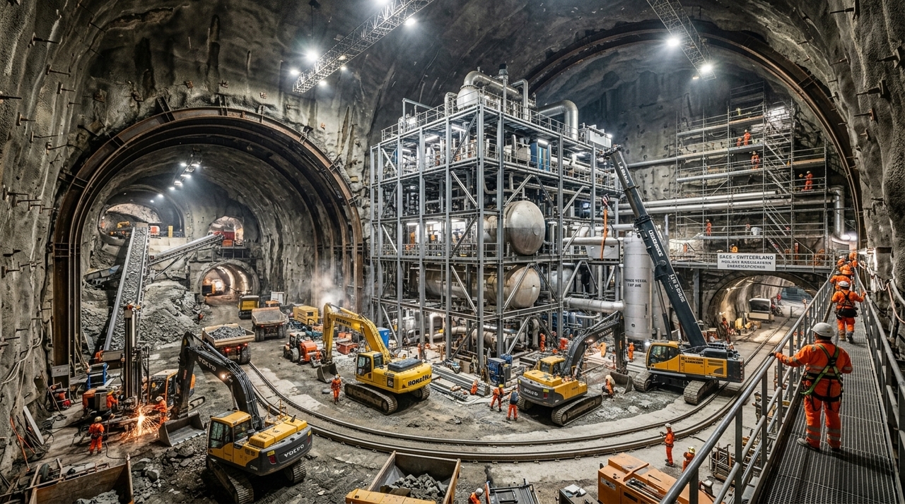 A empresa FlexBase Group lidera essa construção monumental na cidade de Laufenburg, criando um complexo tecnológico subterrâneo gigantesco