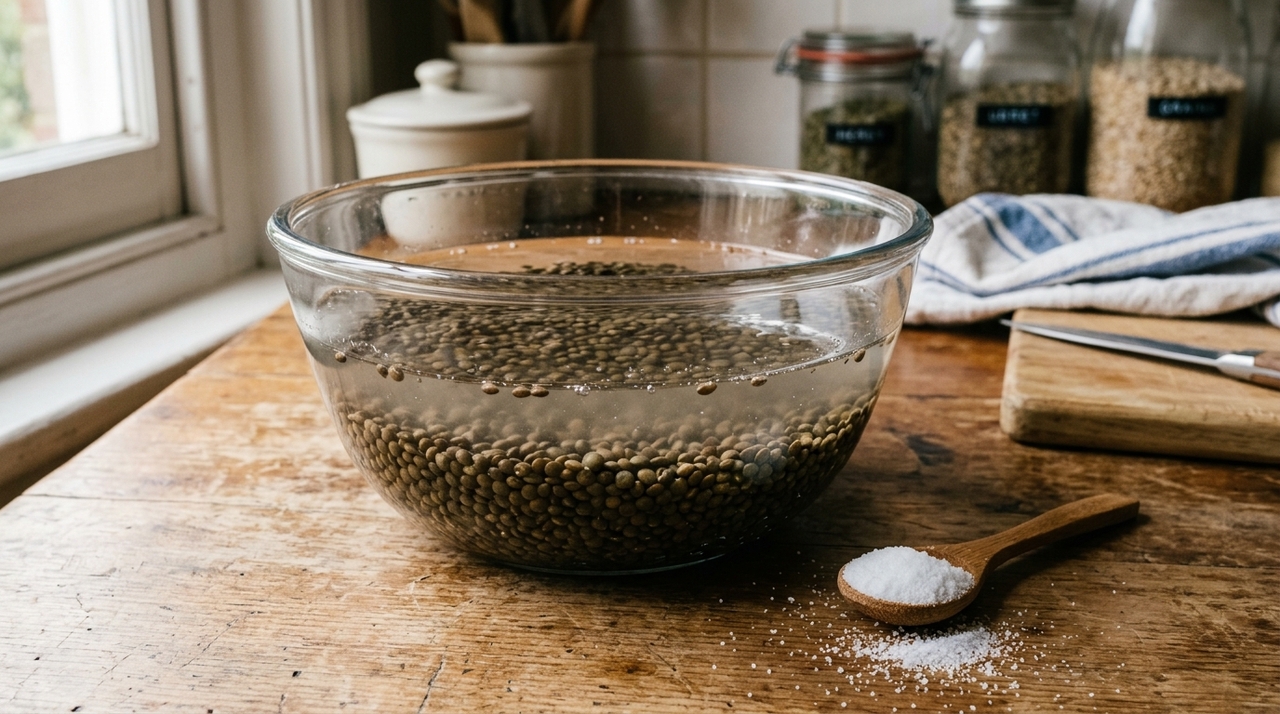 Adicionar uma colher de sal à água de demolho durante o preparo da lentilha: para que serve e por que é recomendado? O sal entra aos poucos na lentilha durante o demolho e começa a temperar o grão antes mesmo da panela ir ao fogo.