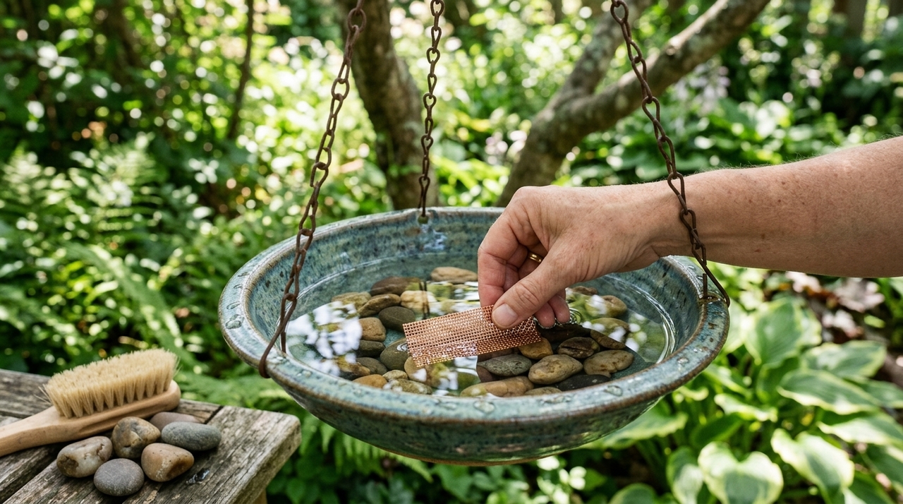 Aqueles que tiverem um bebedouro para pássaros são incentivados a adicionar um item natural a ele O ideal é usar uma peça pequena de cobre puro, como um pedaço de fio sem capa plástica ou uma plaquinha limpa.