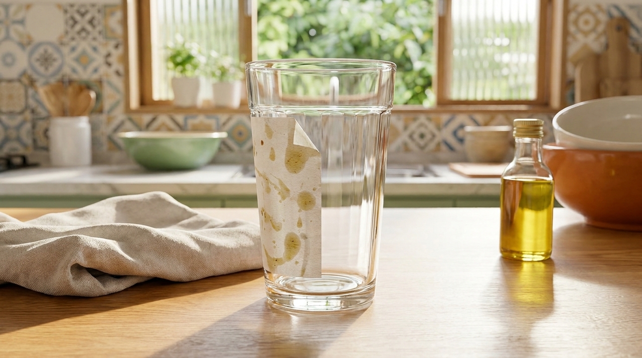 O uso de água morna e calor facilita a remoção manual de resíduos adesivos em superfícies de vidro.