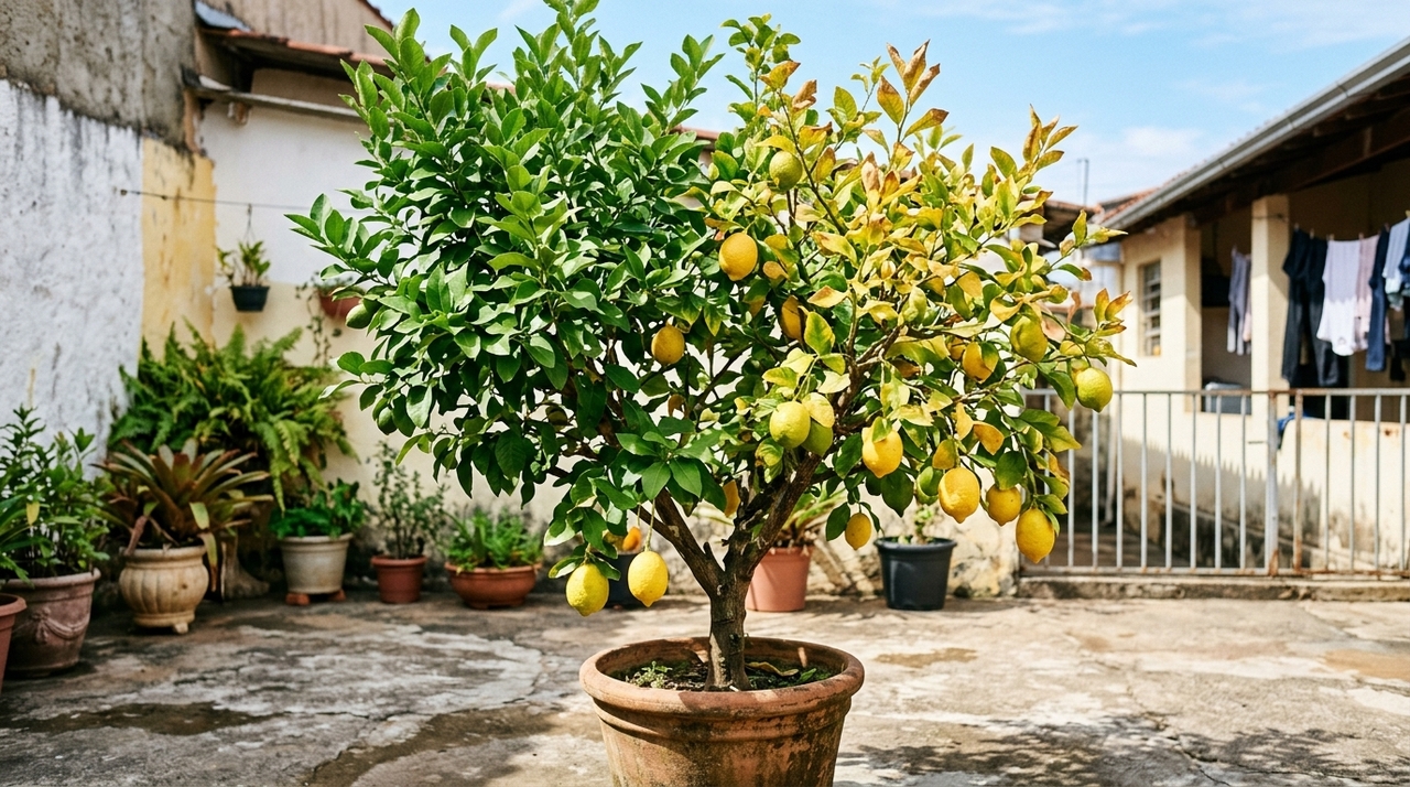A deficiência de minerais altera a coloração das folhas e prejudica o desenvolvimento das árvores frutíferas no quintal.