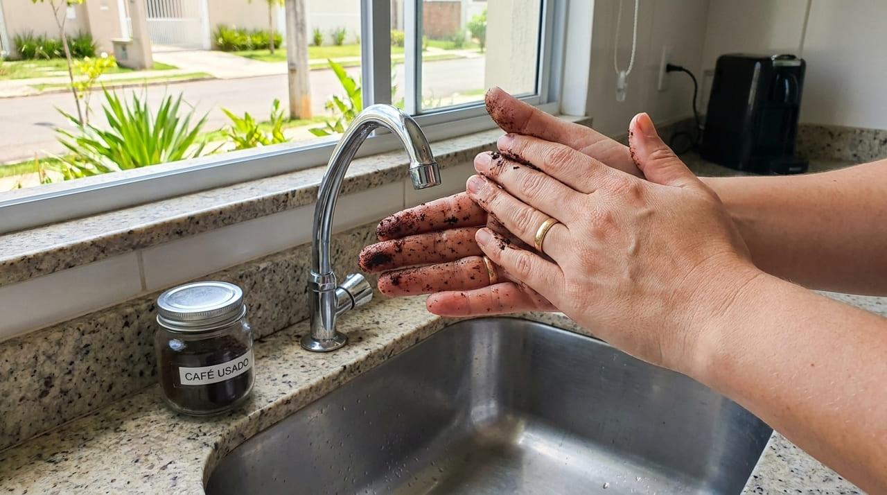 O odor de alho não sai da mão nem com reza braba? Para remover o cheiro, experimente esfregar as mão com um pouco de pó de café Utilizar o resíduo do café para higienizar as mãos evita o desperdício e promove uma esfoliação natural que remove células mortas.