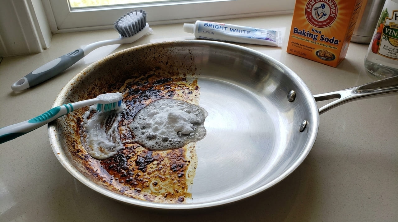Se você passar pasta de dente na tampa da panela cheia de gordura vai ver que devia ter feito isso antes A aplicação correta da mistura caseira elimina as crostas de sujeira sem a necessidade de esfregar intensamente.