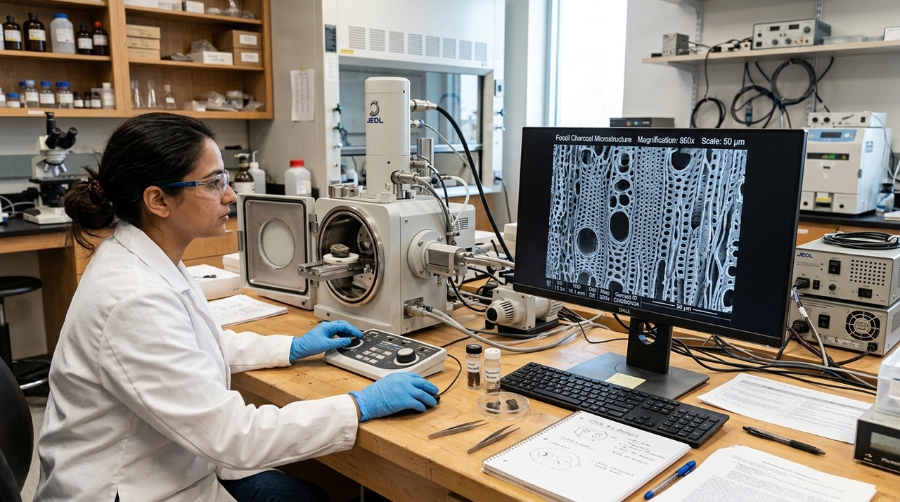 Análise em microscópio eletrônico confirma a queima e ajuda a identificar a diversidade da vegetação lenhosa ancestral.